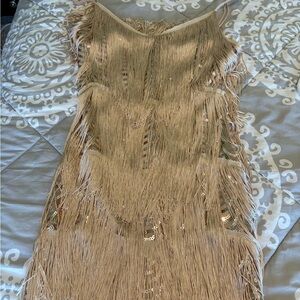 Lulu's Beige Sequin Fringe Mini Dress